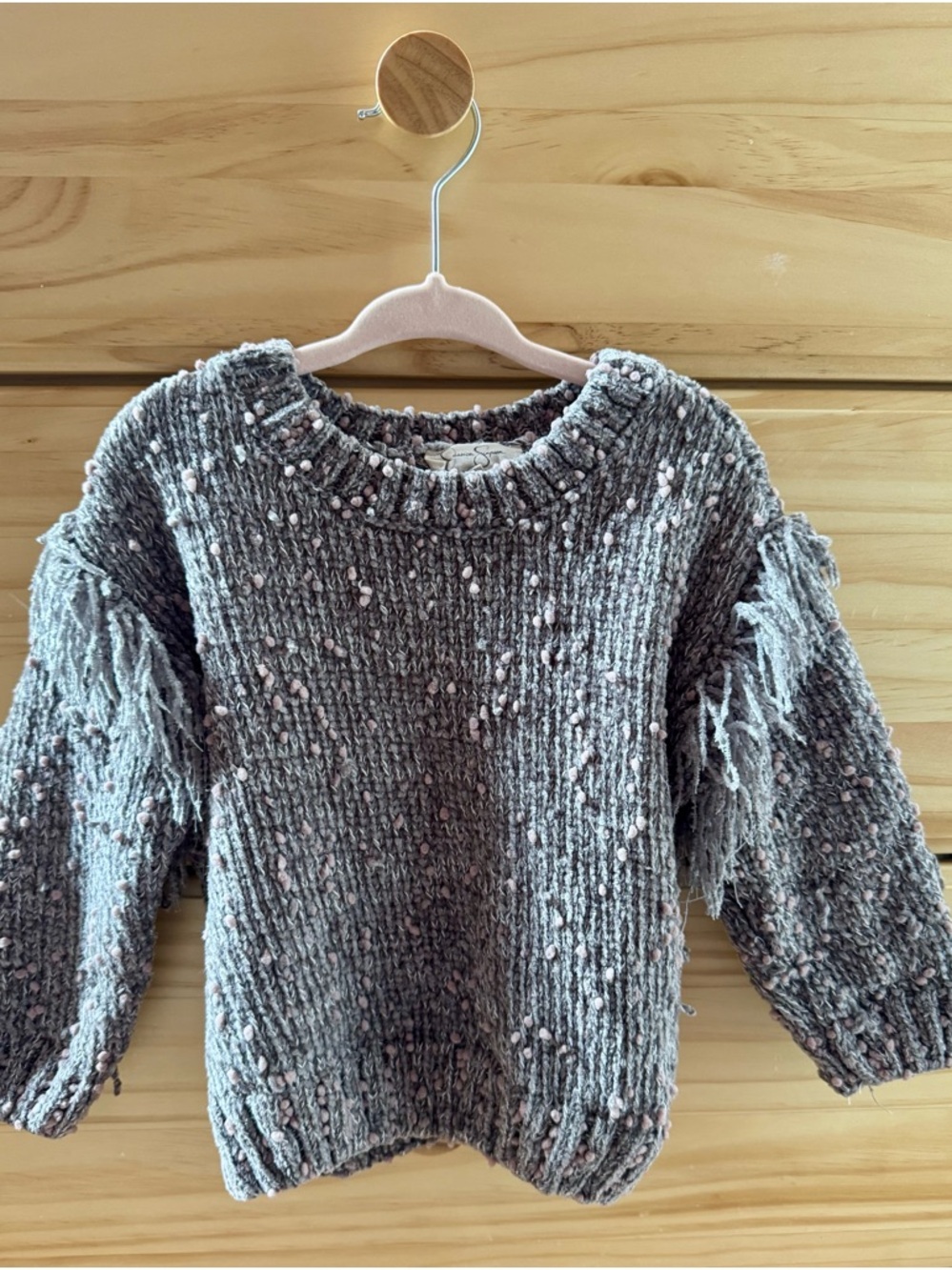 Jessica Simpson Gray Textured Fringe Crewneck Sweater